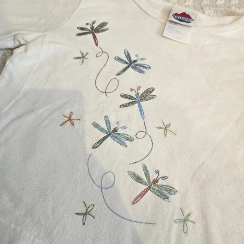 Vintage Y2k White Long Sleeve Shirt with Dragonfly Design